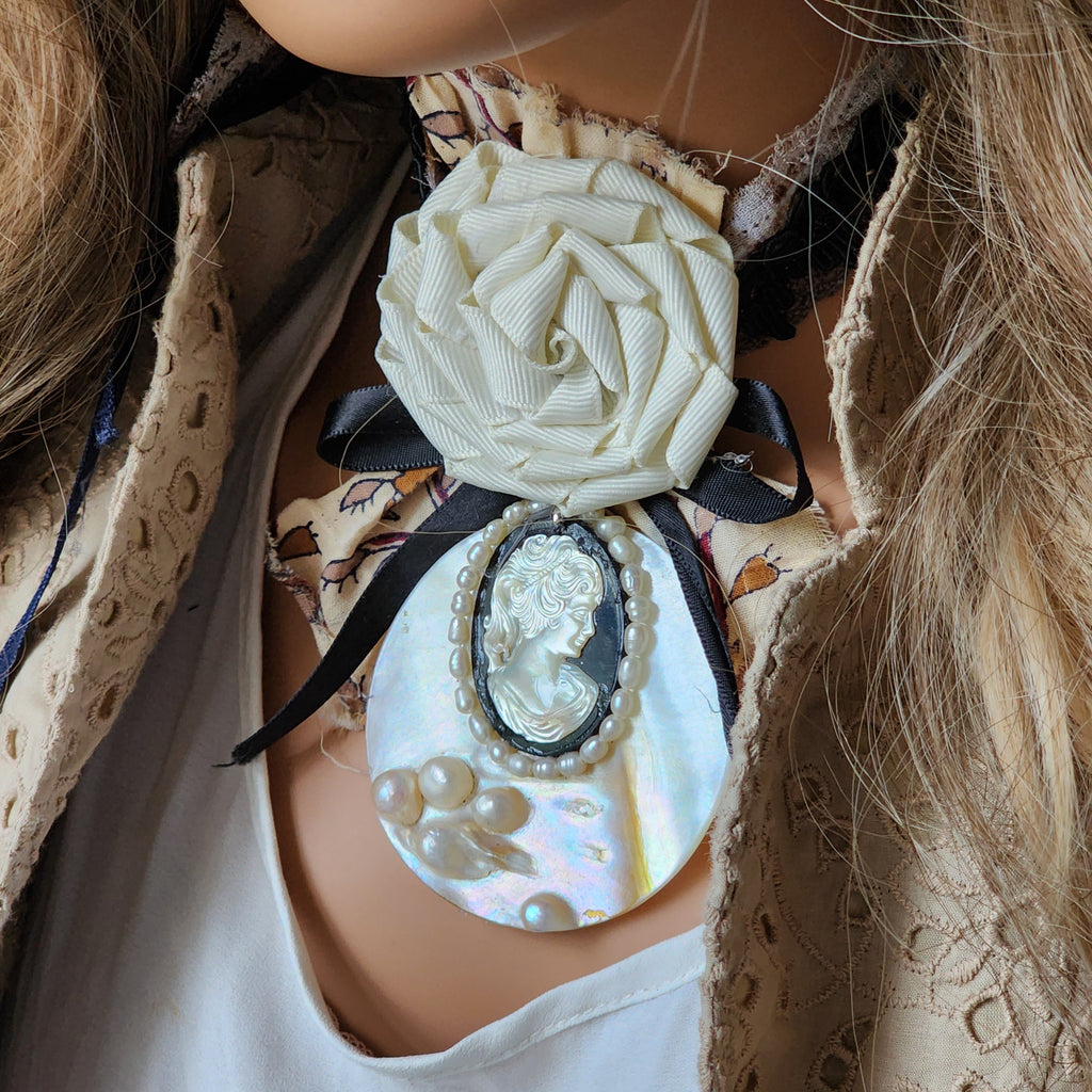 De Piano / Deigner Necklace Shabby Chic Jabot Large Rose Magnolia Black Bow tie Handcrafted Large Cameo Necklace