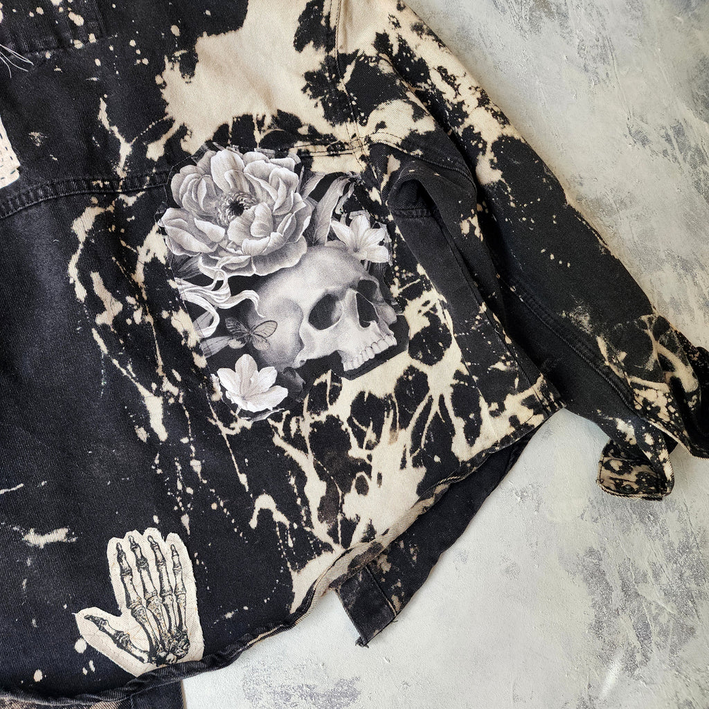 Moody Rose Academy / Boho Artisan Duster Upcycled Vintage Asid Black Denim Concept Avangard Patchwork Jacket