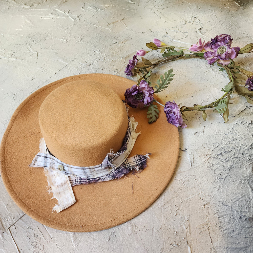 GIGI HAT / Shabby Chic Flower Designer Hat Monogram Canotier Hat Flannel Band Bow Middle Era European Style Hat