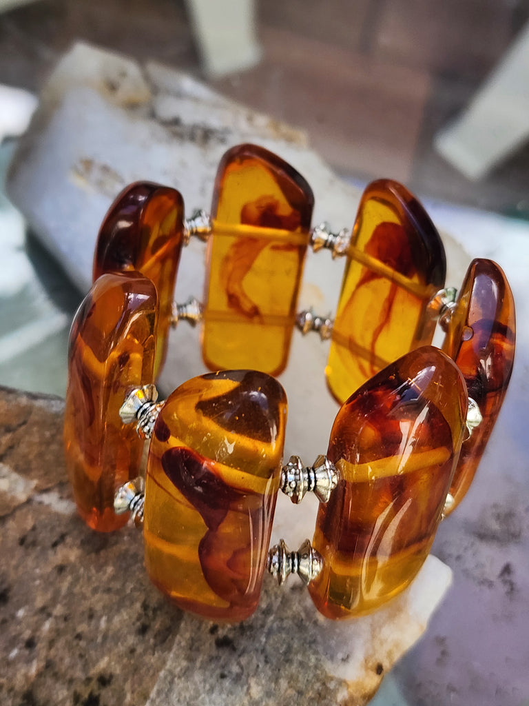 Look Into the Sun / Beeswax Lab Amber silver plated Resin atural Polymer Large Amber Bracelet Honey Color