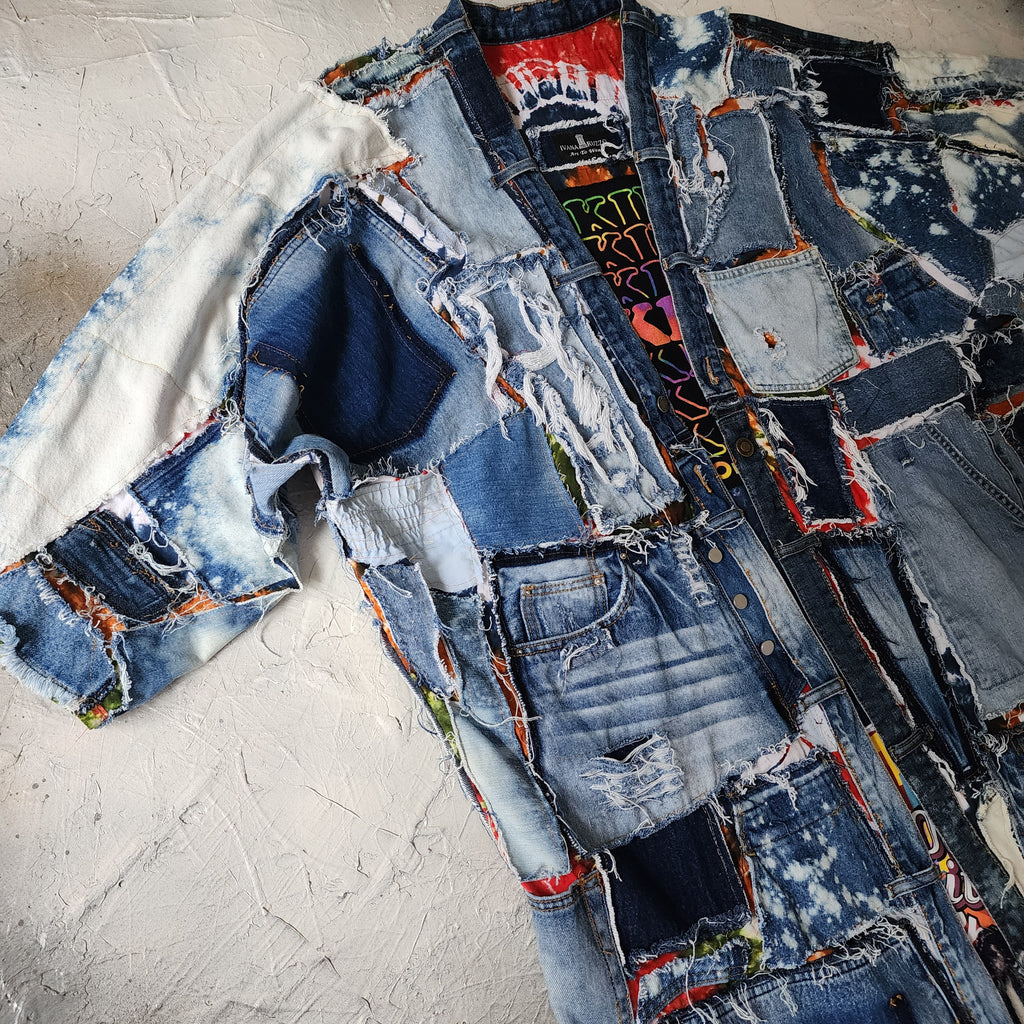 Marilyn Tattoo Shop / Boho Kimono Duster Upcycled Vintage Denim Concept Tatoo Marilyn Monroe Patchwork Kimono