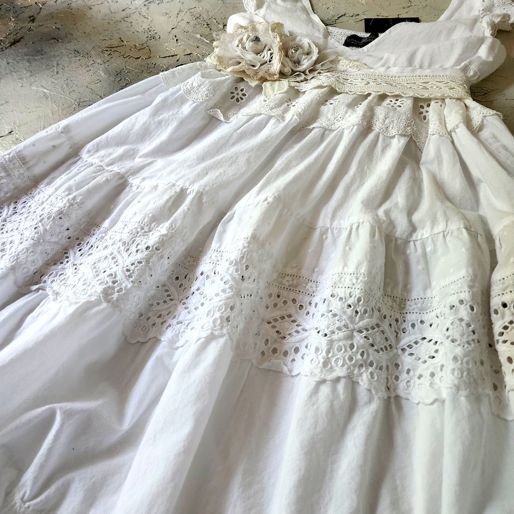 Spread Love Rose / Designer Maxi Dress size L/M Vintage Lace Edwardian Off-White Cotton Magnolia Belt Flower