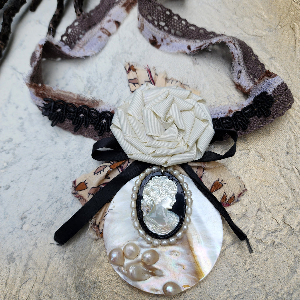 De Piano / Deigner Necklace Shabby Chic Jabot Large Rose Magnolia Black Bow tie Handcrafted Large Cameo Necklace