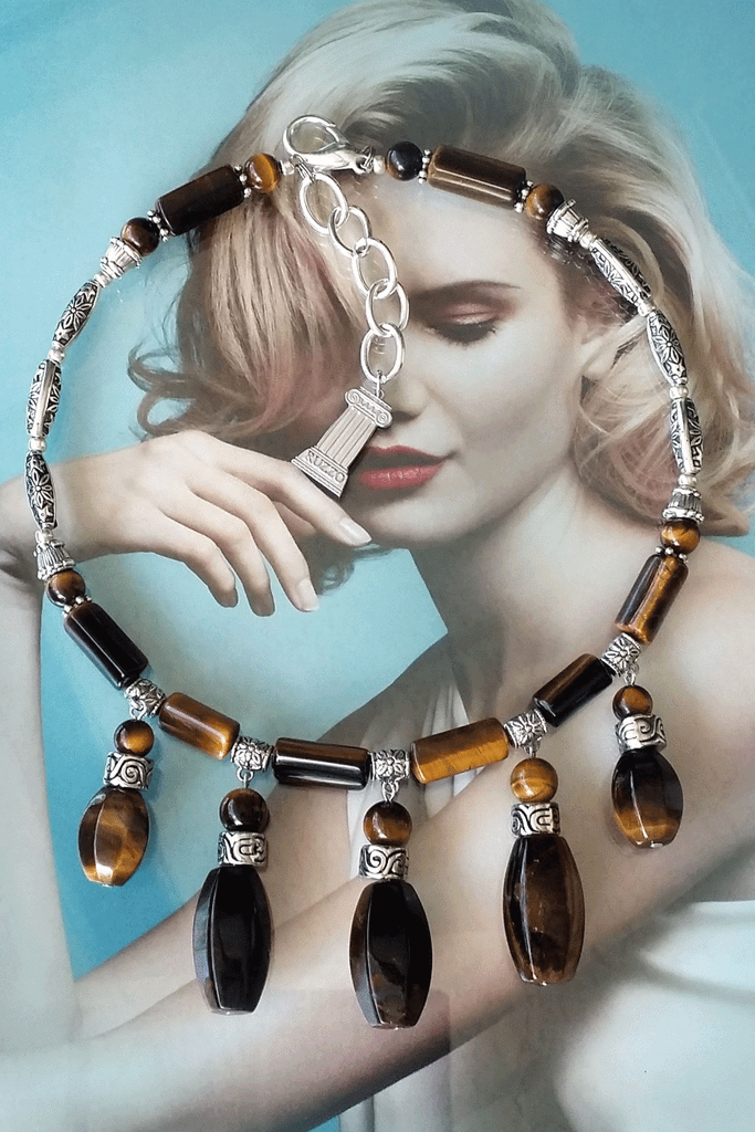 Prosperity / Designer Celestial Jewelry Silver Tiger Eye Necklace Large chunky massive Necklace Beaded Necklace