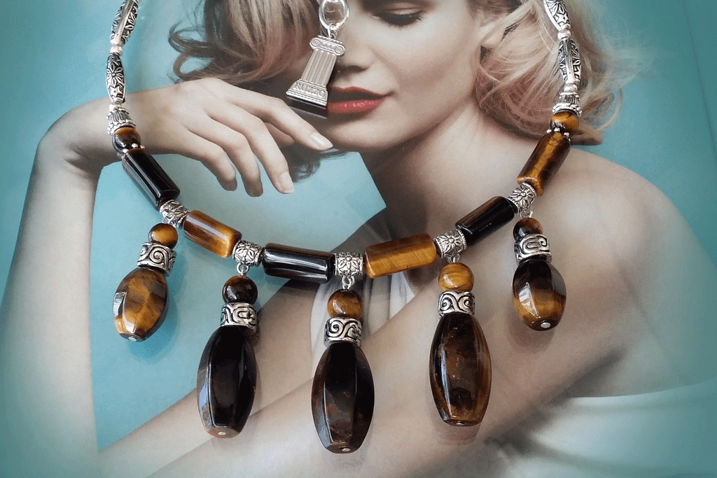 Prosperity / Designer Celestial Jewelry Silver Tiger Eye Necklace Large chunky massive Necklace Beaded Necklace