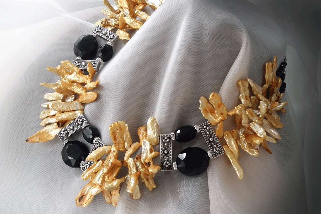 Golden Sunset / Designer Jewelry Silver Necklace Natural Baroque Pearls Hypoallergenic Jewelry Most Popular Jewelry Gift For Women