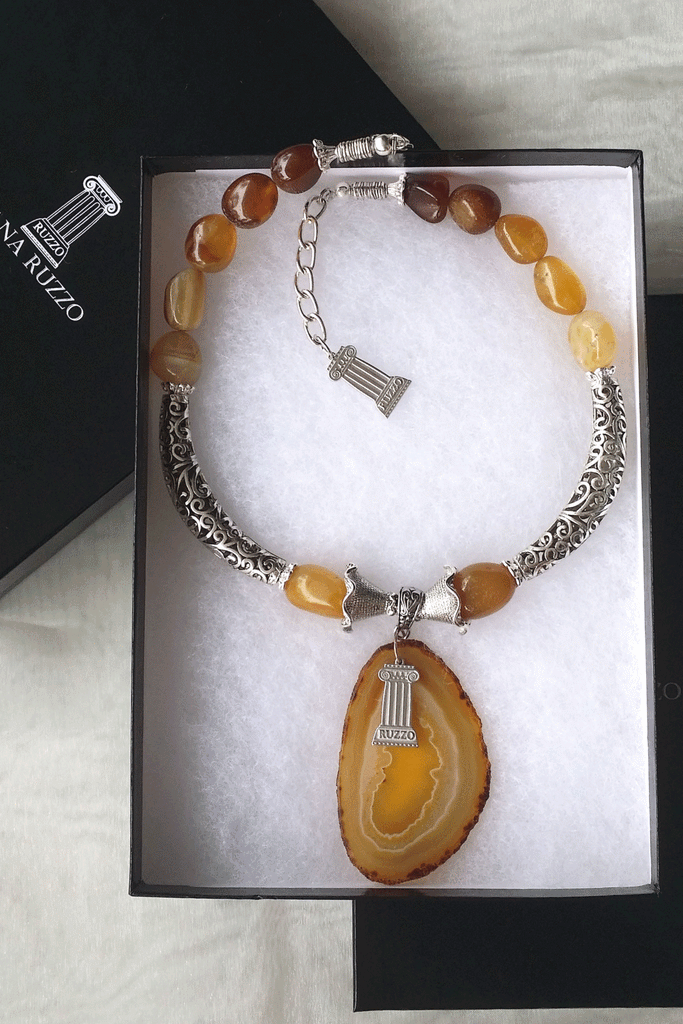 Layer Cake / Designer Jewelry Artisan Simple Necklace Vintage Silver Natural Agate Stone Boho Necklace Gift For Women