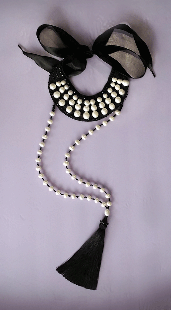 Classic Pearls / Designer Jewelry Classic Pearls Long Necklace Black Crochet Necklace Yin Yang Necklace Unique Gift for Women