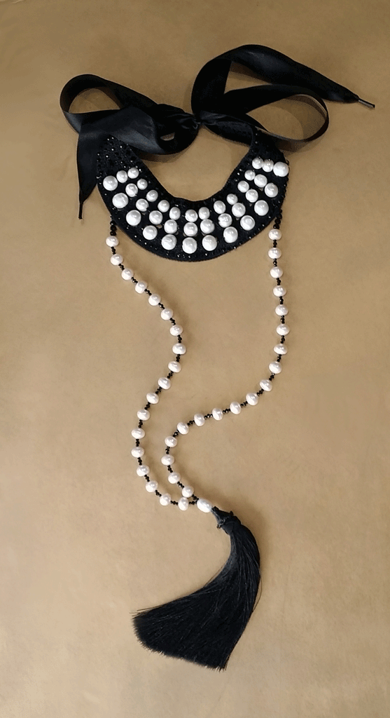 Classic Pearls / Designer Jewelry Classic Pearls Long Necklace Black Crochet Necklace Yin Yang Necklace Unique Gift for Women