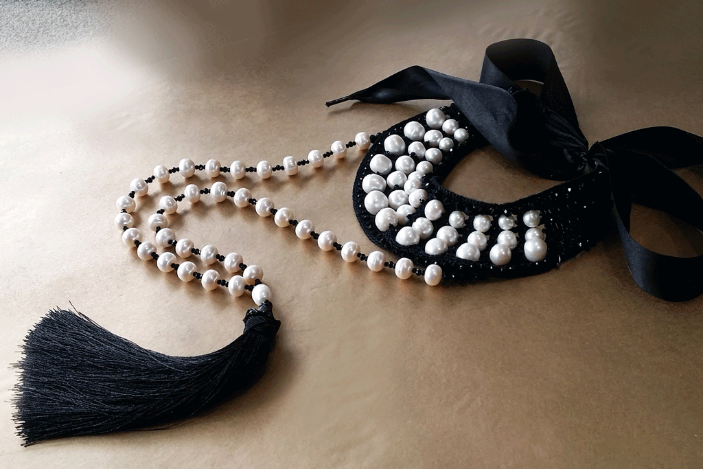 Classic Pearls / Designer Jewelry Classic Pearls Long Necklace Black Crochet Necklace Yin Yang Necklace Unique Gift for Women