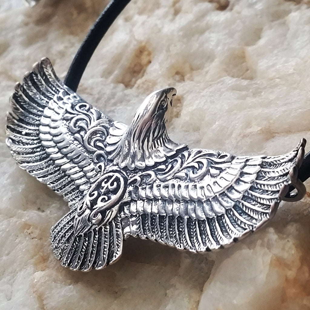 Snake Hunter / Necklace for Man Genuine Leather Beaded Black Silver Eagle Men's Jewelry