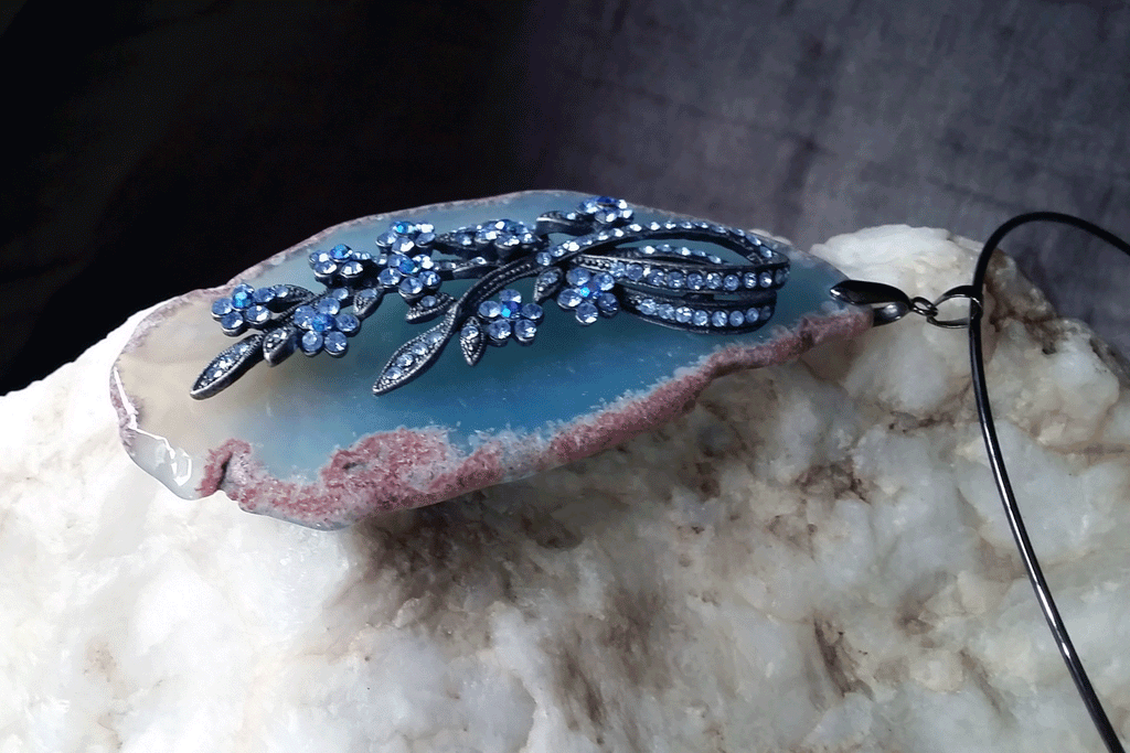 Elegia / Artisan Boho Necklace Designer Jewelry Floral Pendant Natural Blue Agate Stone Unique Necklace Gift For Women