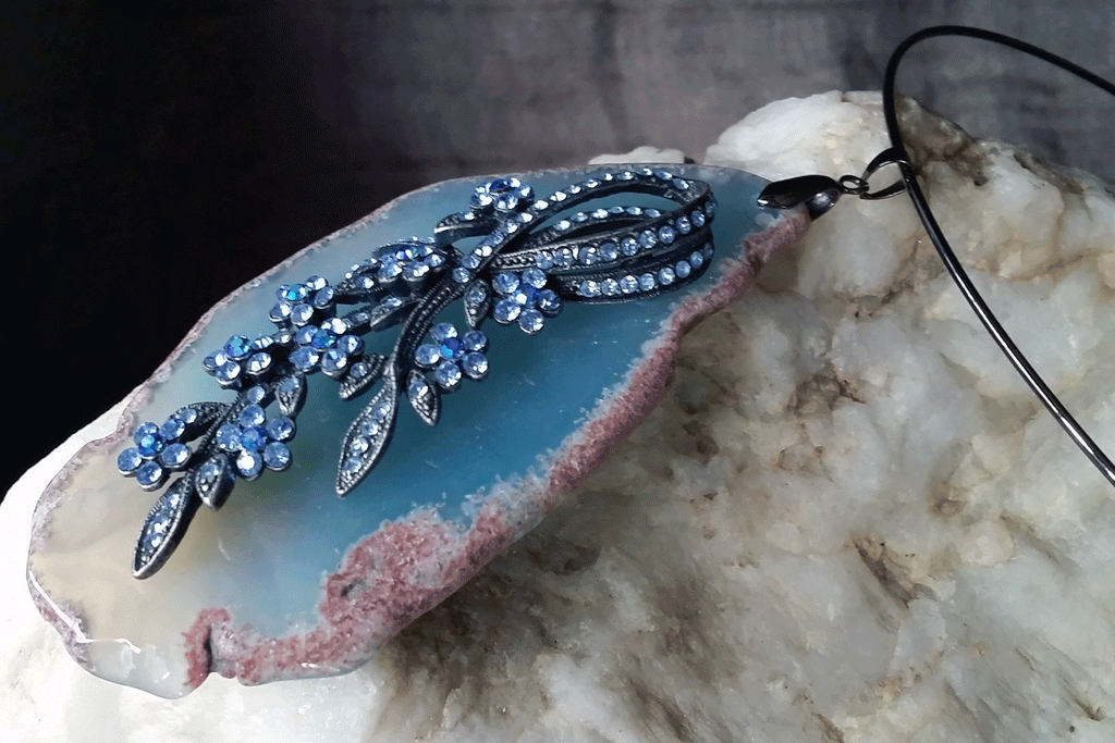 Elegia / Artisan Boho Necklace Designer Jewelry Floral Pendant Natural Blue Agate Stone Unique Necklace Gift For Women