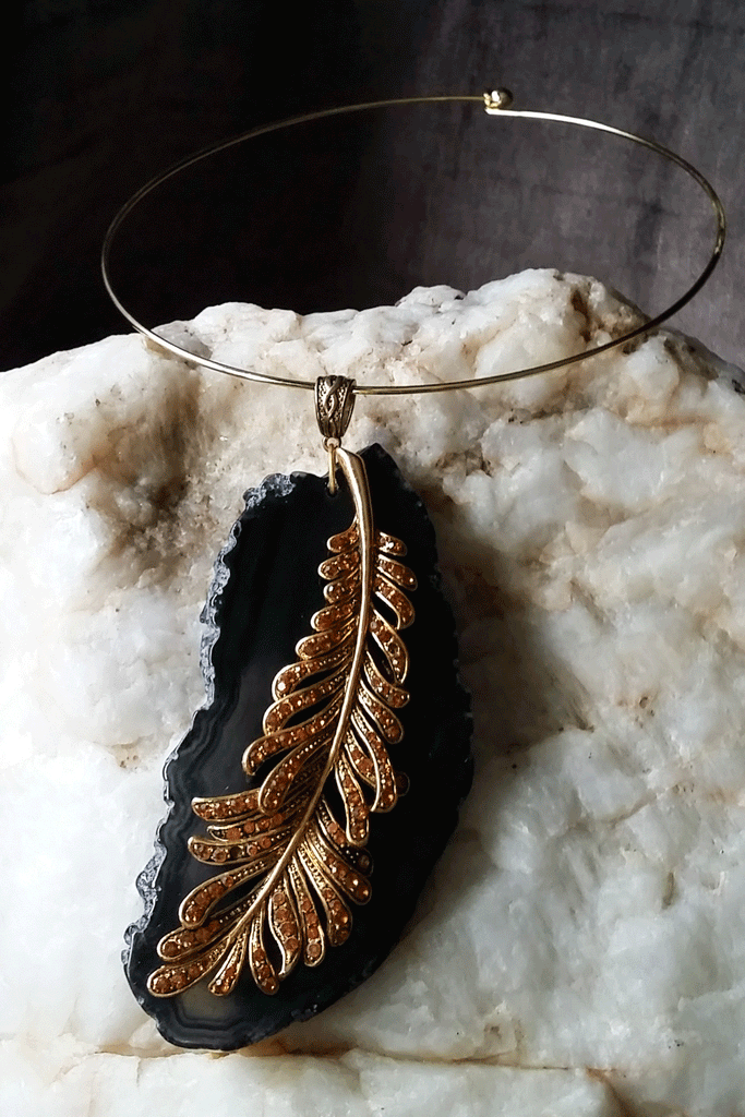 Sacrament Of Night / Artisan Boho Necklace Designer Jewelry Silver Floral Pendant Natural Black Agate Stone Unique Necklace Gift