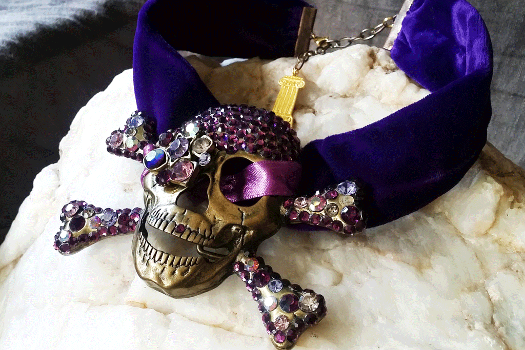 The Bones Keeper / Designer Necklace Purple Velvet Choker Unique Choker Necklace Gold Scull Jewelry Necklace Gift for Her