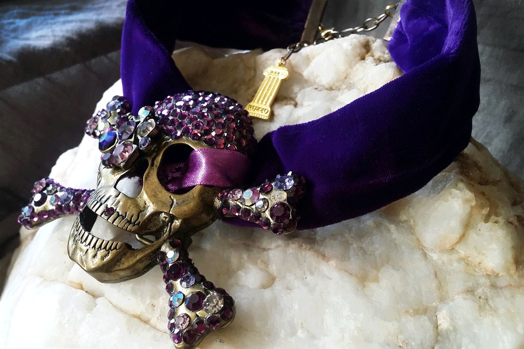 The Bones Keeper / Designer Necklace Purple Velvet Choker Unique Choker Necklace Gold Scull Jewelry Necklace Gift for Her