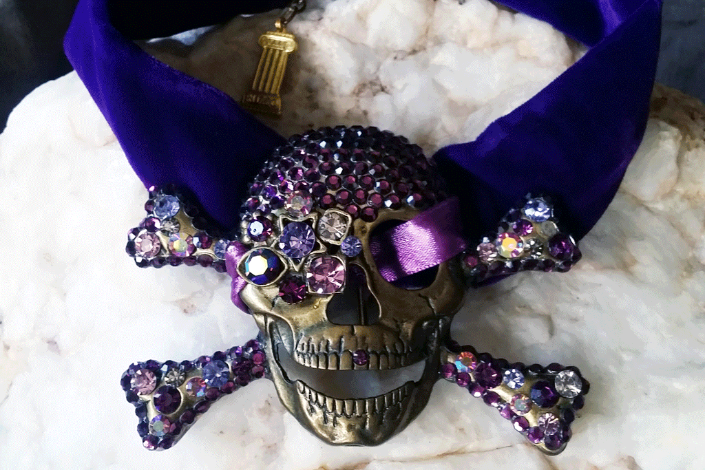 The Bones Keeper / Designer Necklace Purple Velvet Choker Unique Choker Necklace Gold Scull Jewelry Necklace Gift for Her