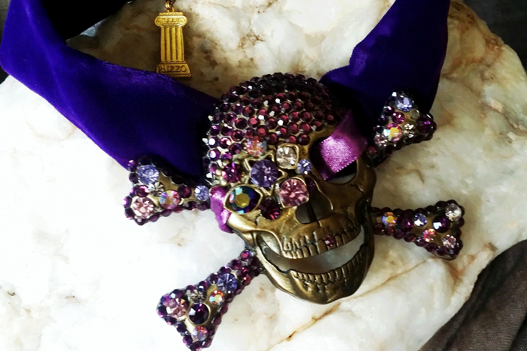 The Bones Keeper / Designer Necklace Purple Velvet Choker Unique Choker Necklace Gold Scull Jewelry Necklace Gift for Her