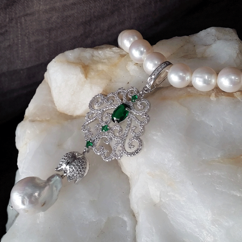 Eleganza / Classic Pearls Silver Necklace For Women Pave Necklace Large Baroque Pearl Pendant Unique Pearls Jewelry Gift For Lady