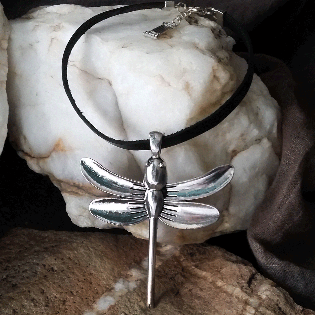 One Dragonfly / Big Silver Dragonfly Pendant Leather Necklace Unique Necklace Mystic Spell Necklace Celestial Jewelry Gift for Her