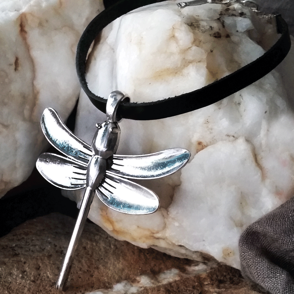 One Dragonfly / Big Silver Dragonfly Pendant Leather Necklace Unique Necklace Mystic Spell Necklace Celestial Jewelry Gift for Her