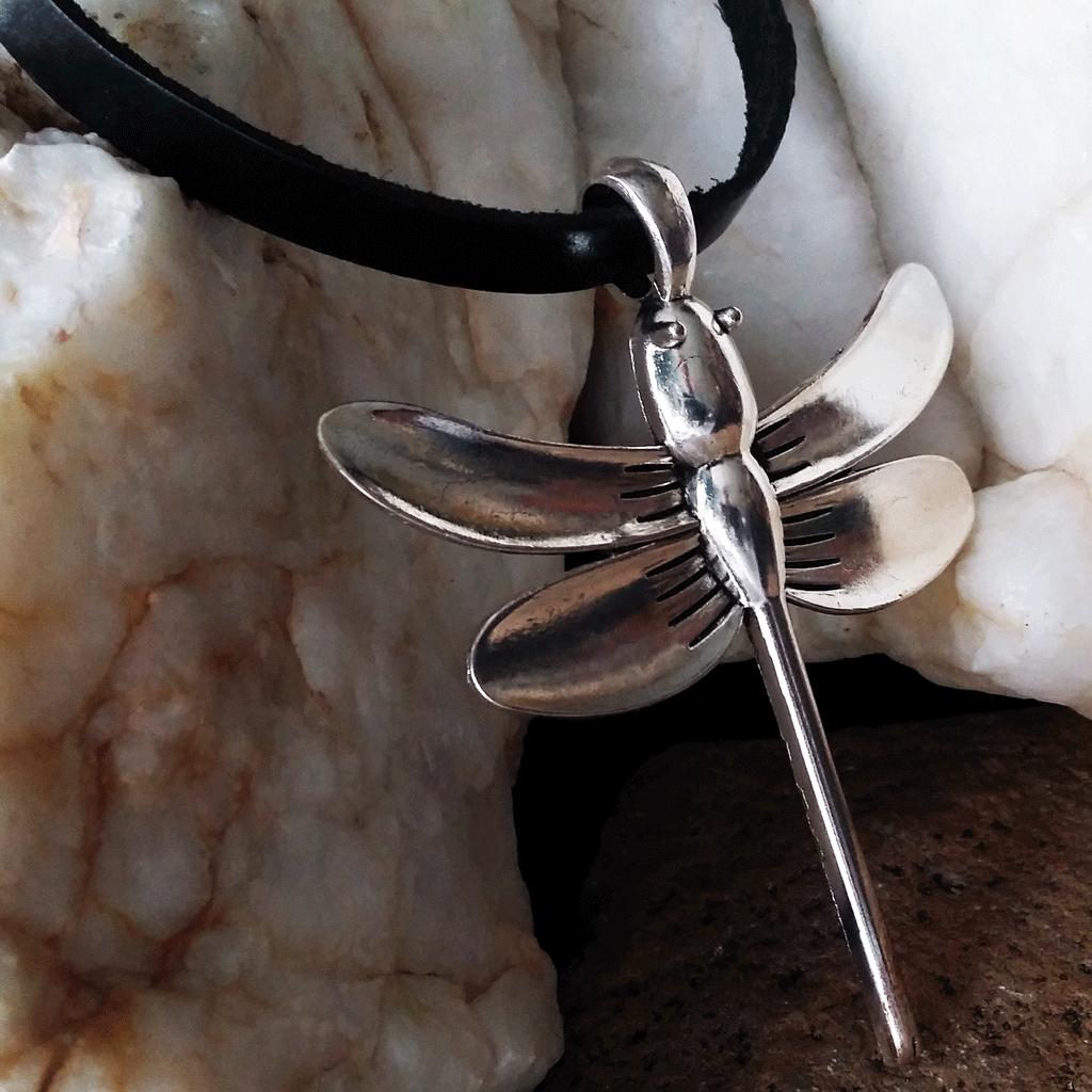 One Dragonfly / Big Silver Dragonfly Pendant Leather Necklace Unique Necklace Mystic Spell Necklace Celestial Jewelry Gift for Her