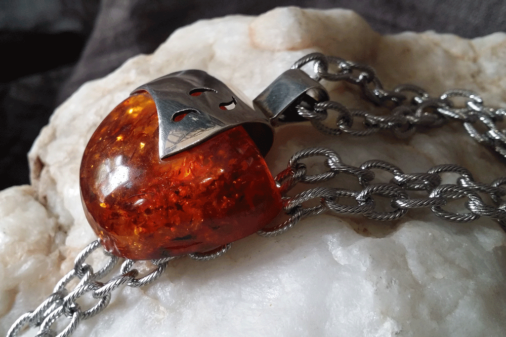 Real Talk / Designer Jewelry Raw Amber Stone Pendant Hypoallergenic Silver Necklace Natural Amber Gift for Momen