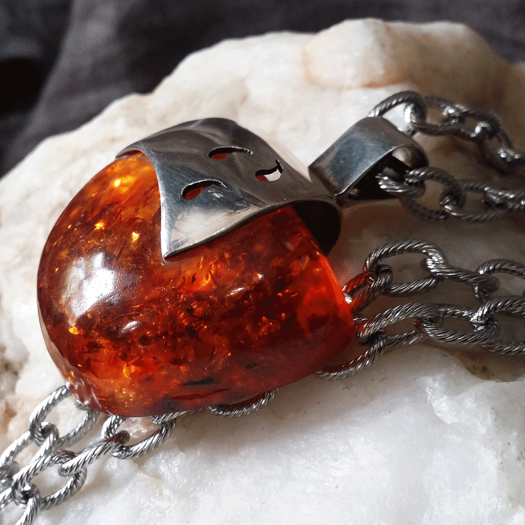 Real Talk / Designer Jewelry Raw Amber Stone Pendant Hypoallergenic Silver Necklace Natural Amber Gift for Momen