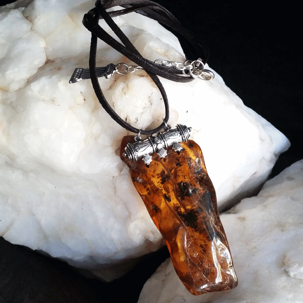 Wonder Over You / Designer Jewelry Raw Amber Stone Pendant Hypoallergenic Leather Necklace with Natural Amber Gift for Momen