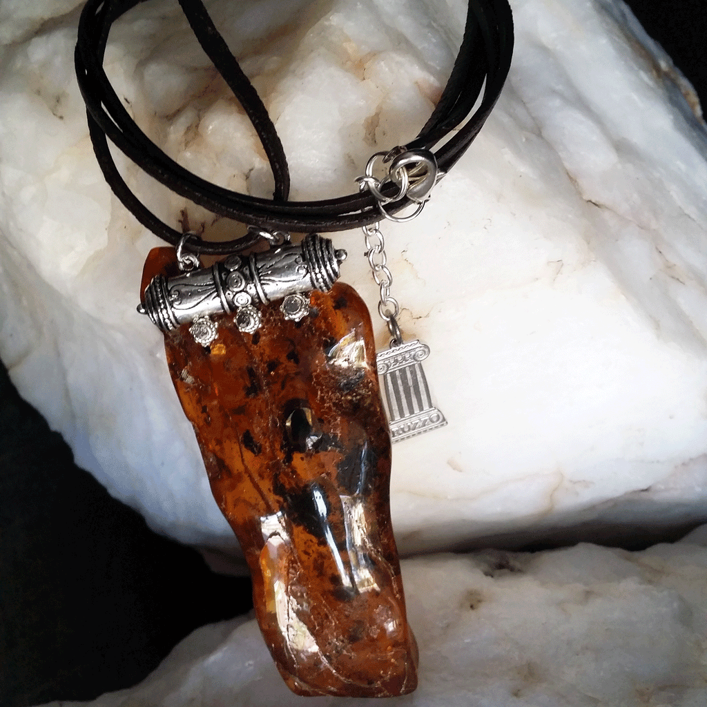Wonder Over You / Designer Jewelry Raw Amber Stone Pendant Hypoallergenic Leather Necklace with Natural Amber Gift for Momen