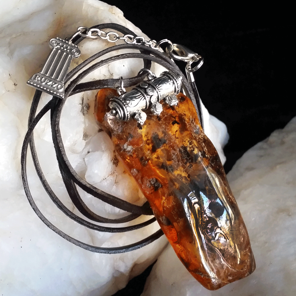 Wonder Over You / Designer Jewelry Raw Amber Stone Pendant Hypoallergenic Leather Necklace with Natural Amber Gift for Momen