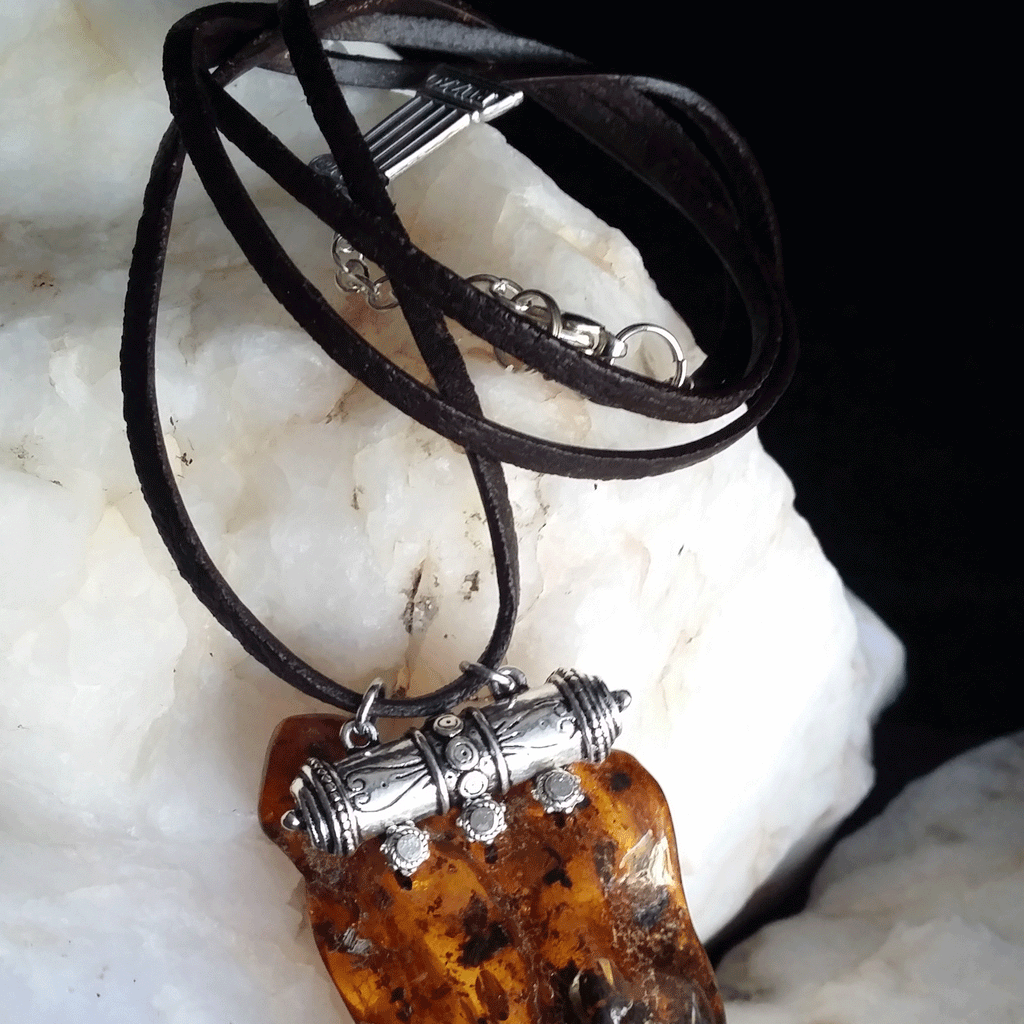 Wonder Over You / Designer Jewelry Raw Amber Stone Pendant Hypoallergenic Leather Necklace with Natural Amber Gift for Momen