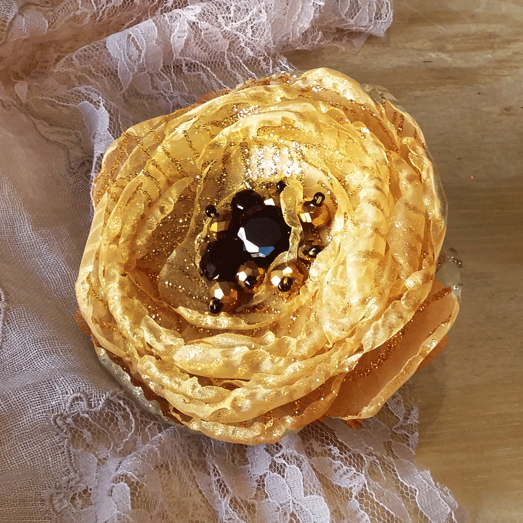 Sparkle Gold / Boho Rose Choker Flower Brooch Clip Upcycled Magnolia Apple Blossom Upcycled Concept Store Made in USA