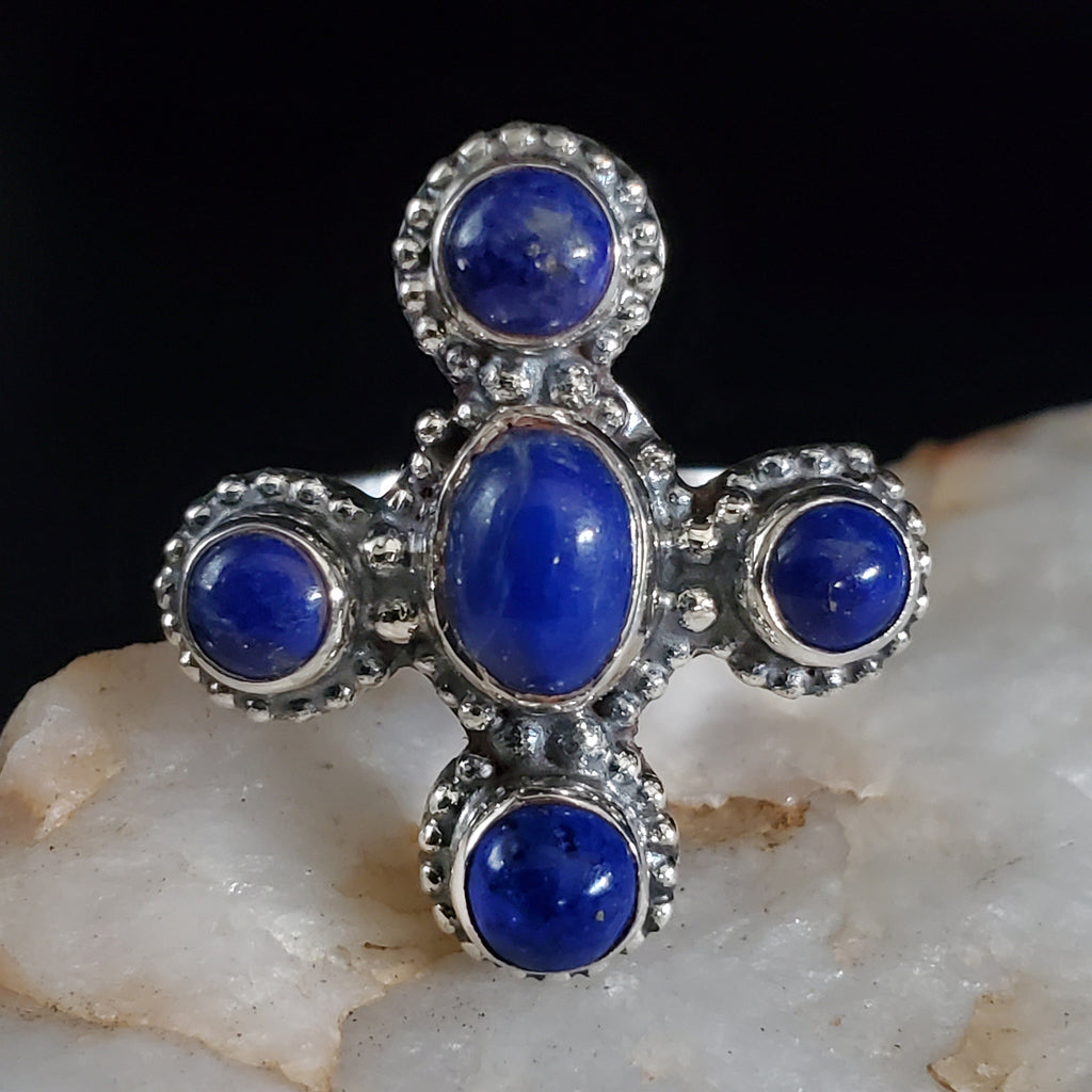 Cross My Heart / 8 / Designer Jewelry Natural Blue Lapis Stone Unique Ring Hypoallergenic Silver 925 Ring Gift for Momen