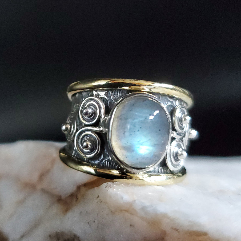 Apple Of Your Eye / 7.2 / Designer Jewelry Labradorite Stone Unique Ring Hypoallergenic Silver 925/!4K Gold Ring Gift for Momen
