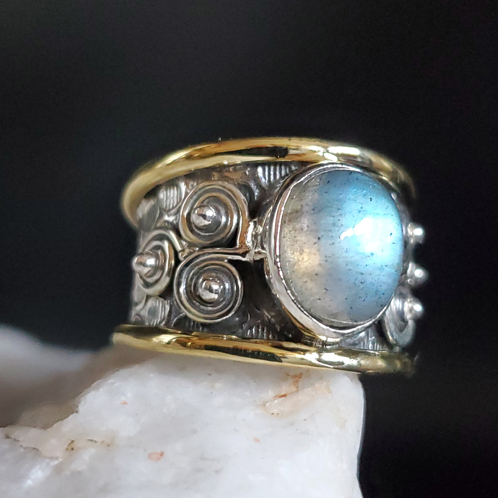 Apple Of Your Eye / 7.2 / Designer Jewelry Labradorite Stone Unique Ring Hypoallergenic Silver 925/!4K Gold Ring Gift for Momen