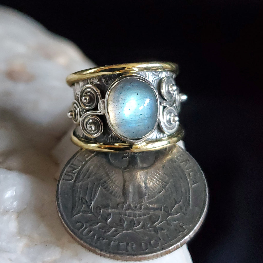 Apple Of Your Eye / 7.2 / Designer Jewelry Labradorite Stone Unique Ring Hypoallergenic Silver 925/!4K Gold Ring Gift for Momen