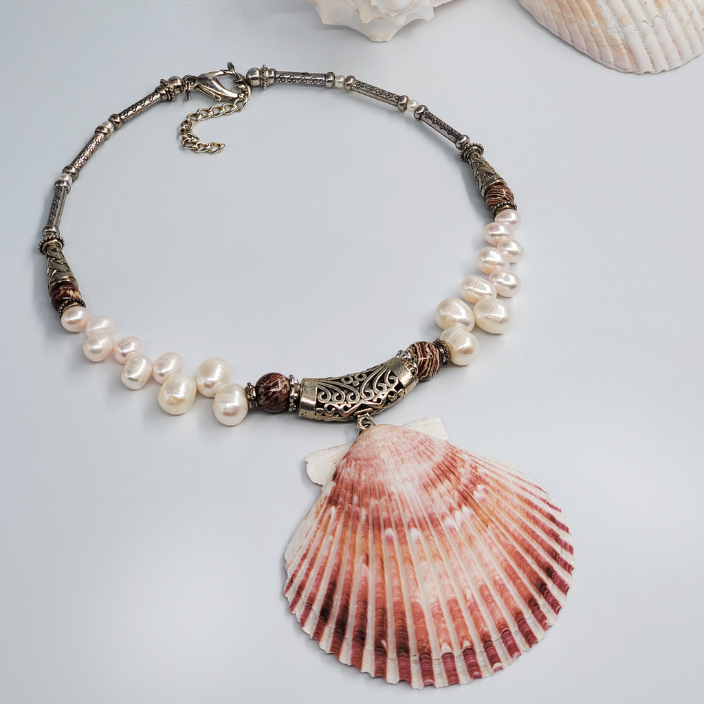 LA MER / Designer Jewelry Large Ocean Shell Necklace Shell Mother Of Pearl Stone Silver Artisan Necklace Rare Pink Pearl Necklace