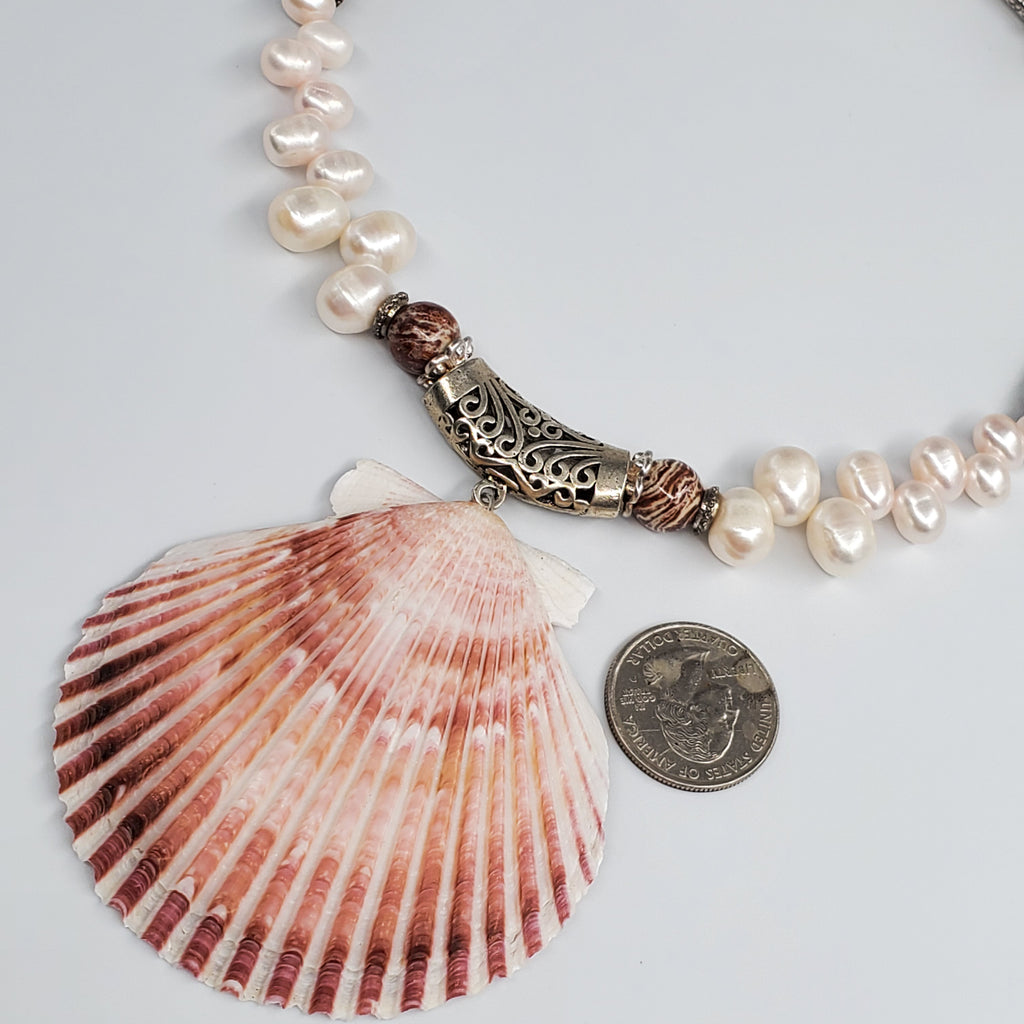 LA MER / Designer Jewelry Large Ocean Shell Necklace Shell Mother Of Pearl Stone Silver Artisan Necklace Rare Pink Pearl Necklace