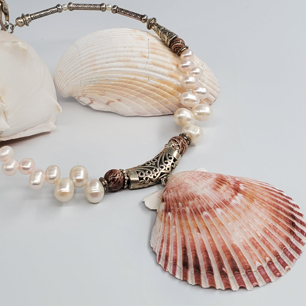 LA MER / Designer Jewelry Large Ocean Shell Necklace Shell Mother Of Pearl Stone Silver Artisan Necklace Rare Pink Pearl Necklace