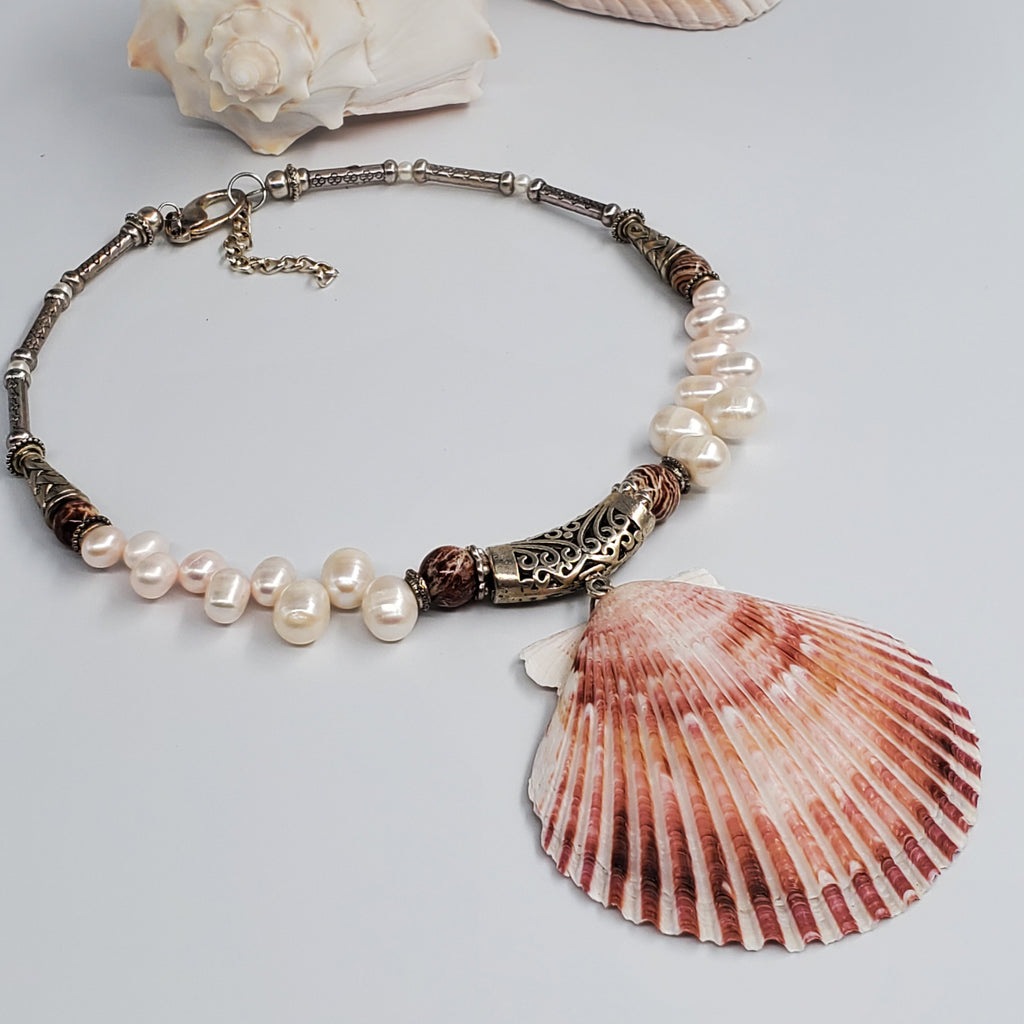 LA MER / Designer Jewelry Large Ocean Shell Necklace Shell Mother Of Pearl Stone Silver Artisan Necklace Rare Pink Pearl Necklace