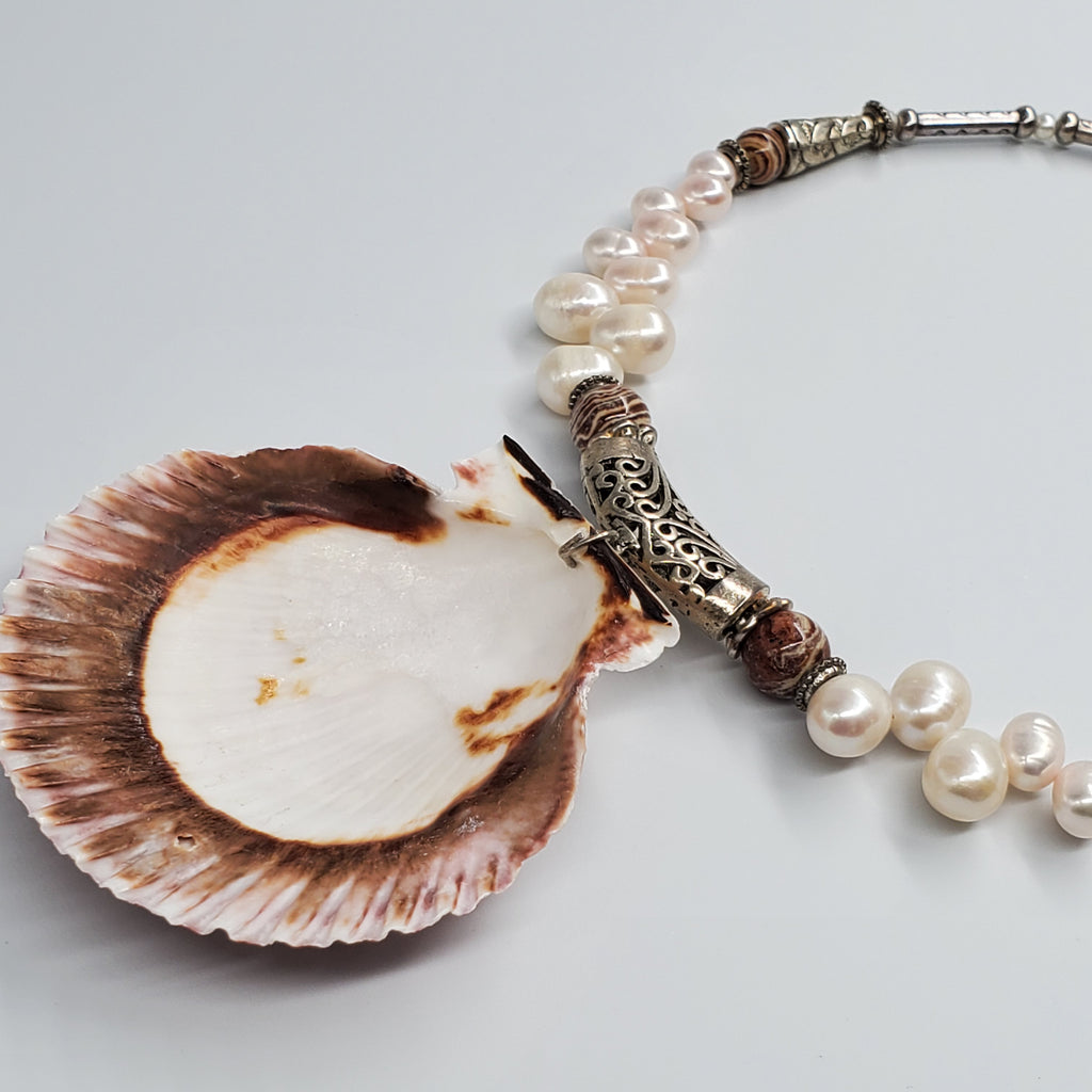 LA MER / Designer Jewelry Large Ocean Shell Necklace Shell Mother Of Pearl Stone Silver Artisan Necklace Rare Pink Pearl Necklace