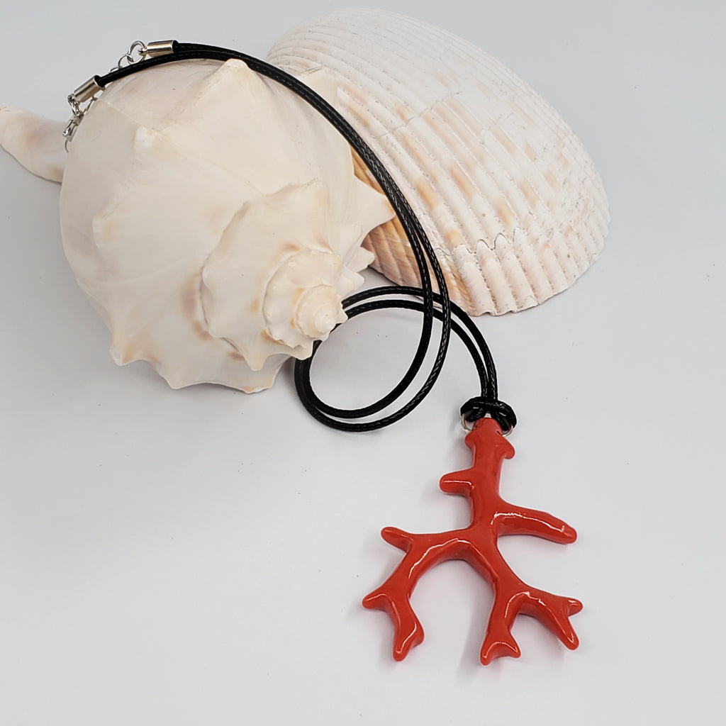 SUMMER SPECIAL / Big Coral Pendant Black Standard Cord Necklace Unique Boho Beach Necklace Gift for Bohemian Girl