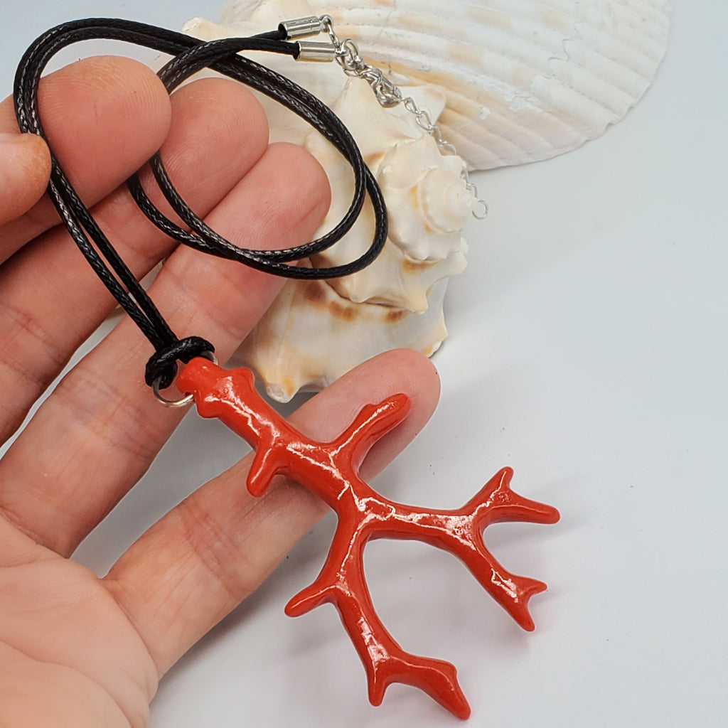 SUMMER SPECIAL / Big Coral Pendant Black Standard Cord Necklace Unique Boho Beach Necklace Gift for Bohemian Girl