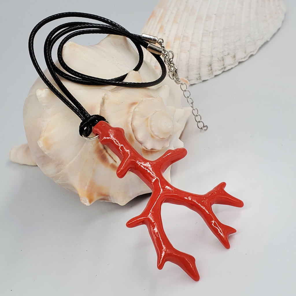 SUMMER SPECIAL / Big Coral Pendant Black Standard Cord Necklace Unique Boho Beach Necklace Gift for Bohemian Girl