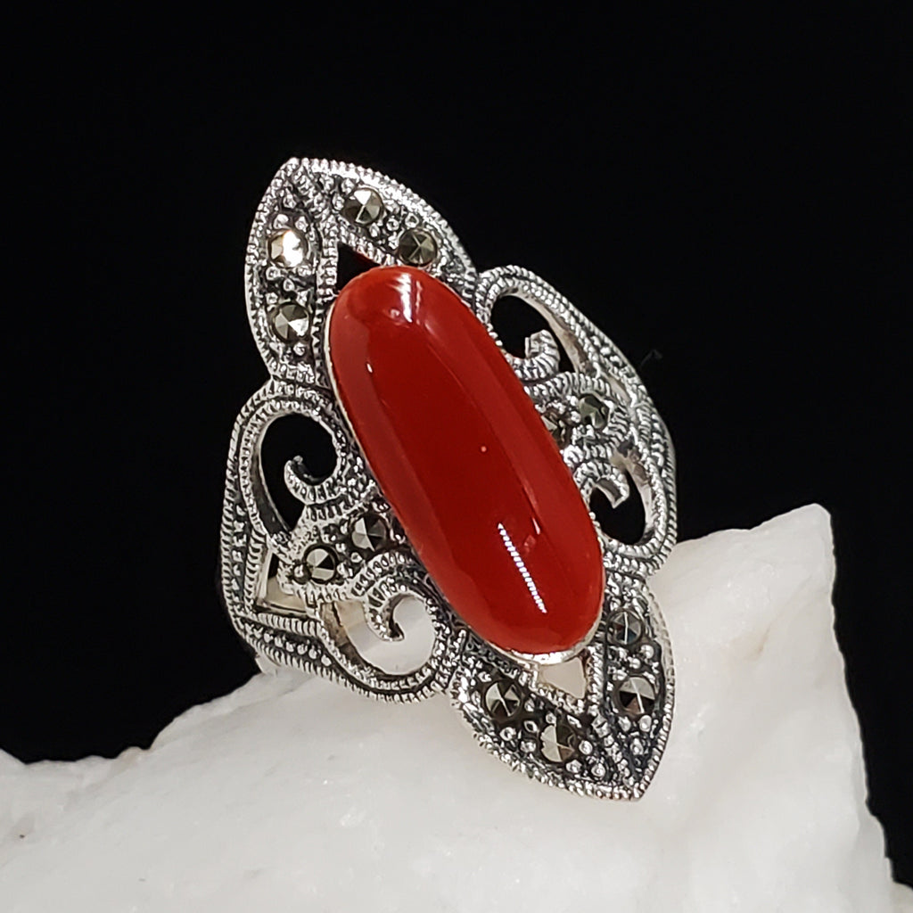 Winter Cherry / 8.2 / Designer Jewelry Natural Carnelian Stone Unique Ring Hypoallergenic Silver 925 Ring Gift for Momen