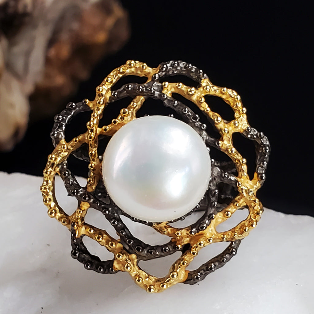 Athina / 7 / Designer Jewelry Natural Pearl Unique Ring Hypoallergenic Silver 925 Ring Gift for Momen