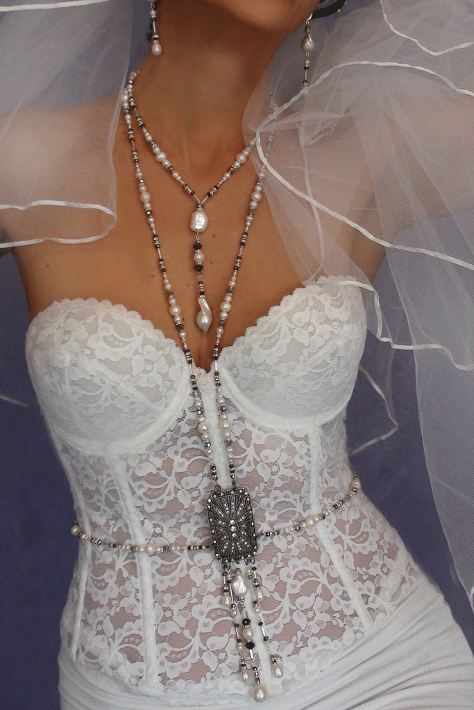 Endless Love / Designer Body Chain Necklace Silver Necklace For Women Large Baroque Pearl Pendant Unique Jewelry Gift For Lady