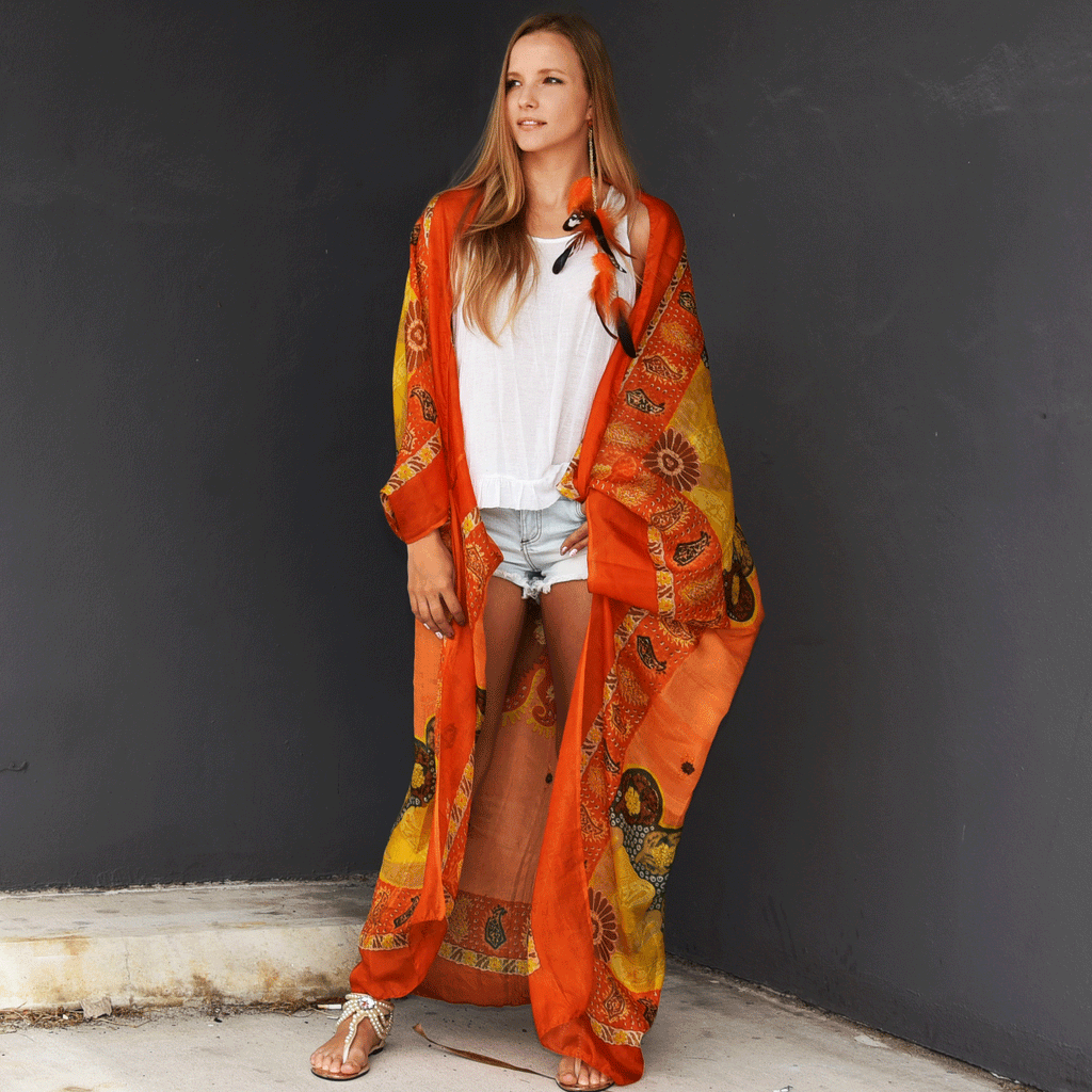 Floridian Orange / Designer Maxi Dress Boho Luxury Resort Wear Fabric Dress Artisan Concept Clothing Unique Upcycled Couture