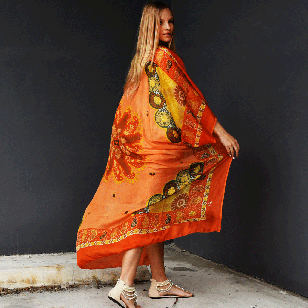 Floridian Orange / Designer Maxi Dress Boho Luxury Resort Wear Fabric Dress Artisan Concept Clothing Unique Upcycled Couture